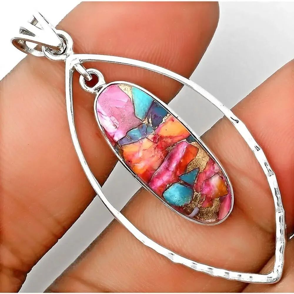 Kingman Orange Dahlia Turquoise Sterling Silver Pendant